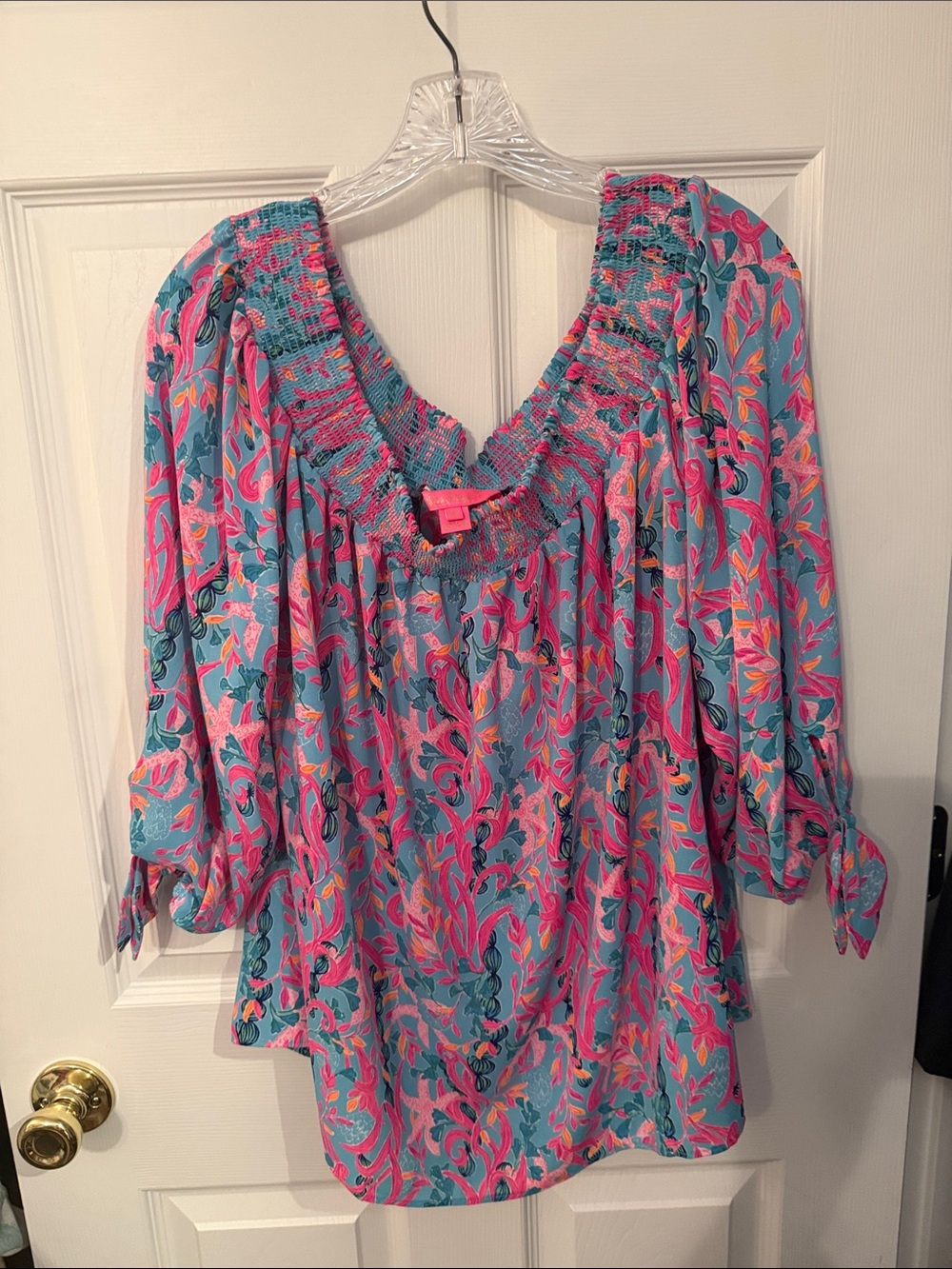 Lilly Pulitzer Teal and Pink Floral Smocked V-Neck Tunic